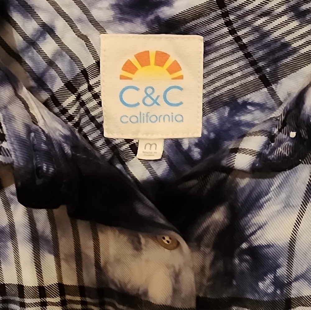 C & C California Womens Size M Blue, Black White Tie Plaid Button Front Shirt - Picture 3 of 6